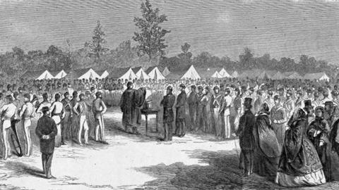 Black and white engraving entitled of army chaplain before a crowd.