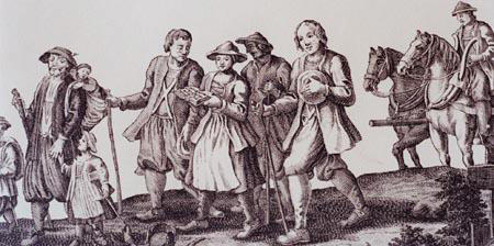 Detail of an illustration of the Salzburger Protestants walking following their expulsion, R.B.R. Broad. Media Box 1